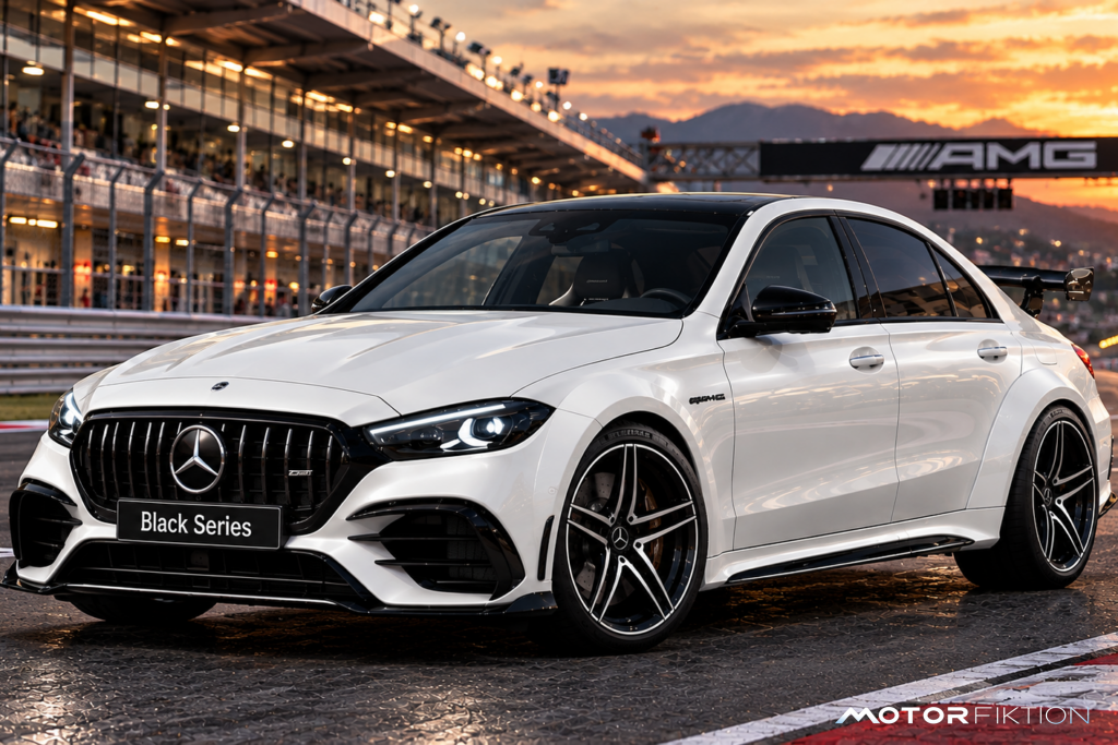 Weiße AMG Black Series im Sonnenuntergang